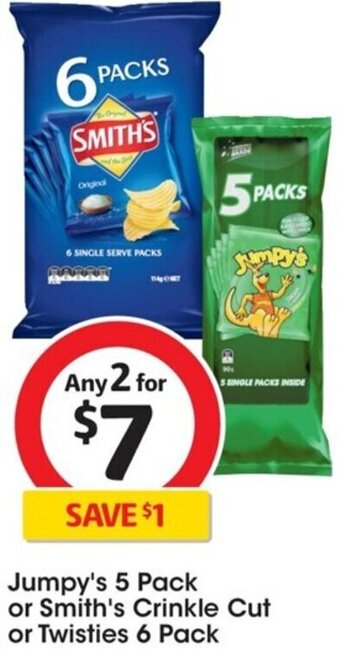 Coles Jumpy's 5 Pack or Smith's Crinkle Cut or Twisties 6 Pack offer
