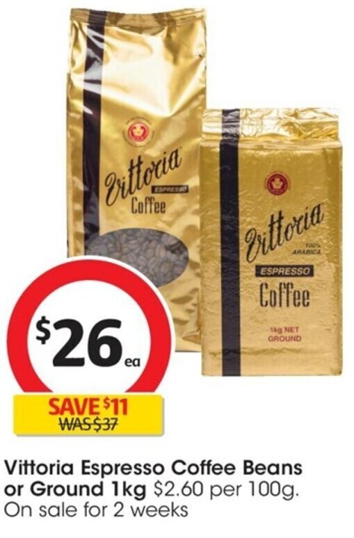 Vittoria Espresso Coffee Beans or Ground 1kg offer at Coles