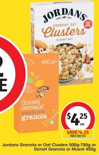 Coles Jordans Granola or Oat Clusters 500g-750g or Dorset Granola or Muesli 450g offer