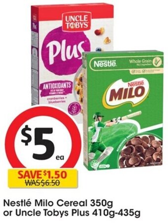Coles Nestlé Milo Cereal 350g or Uncle Tobys Plus 410g-435g offer