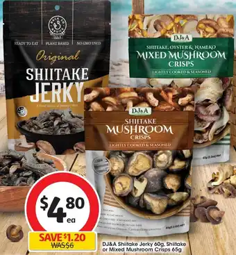 Coles DJ&A Shiitake Jerky 60g, Shiitake or Mixed Mushroom Crisps 65g offer