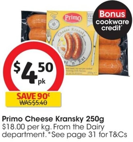Primo Cheese Kransky 250g offer at Coles