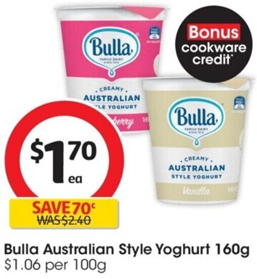Bulla Australian Style Yoghurt 160g offer at Coles