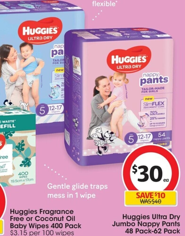 Huggies Ultra Dry Jumbo Nappy Pants 48 Pack62 Pack offer at Coles