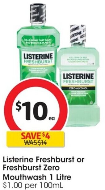 Coles Listerine Freshburst or Freshburst Zero Mouthwash 1 Litre offer