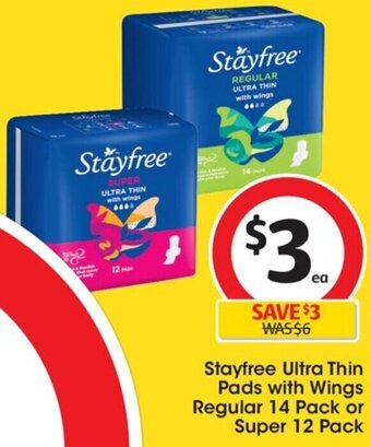 Coles Stayfree Ultra Thin Pads with Wings Regular 14 Pack or Super 12 Pack offer