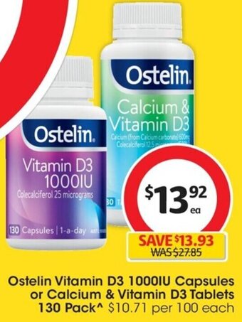 Coles Ostelin Vitamin D3 1000IU Capsules or Calcium & Vitamin D3 Tablets 130 Pack offer