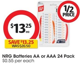 Coles NRG Batteries AA or AAA 24 Pack offer