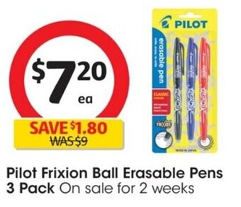 Coles Pilot Frixion Ball Erasable Pens 3 Pack offer
