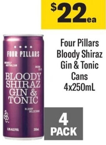 Coles Four Pillars Bloody Shiraz Gin & Tonic Cans 4x250mL offer
