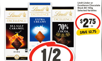 IGA Lindt Lindor or Excellence Chocolate Block 80-100g Selected Varieties offer