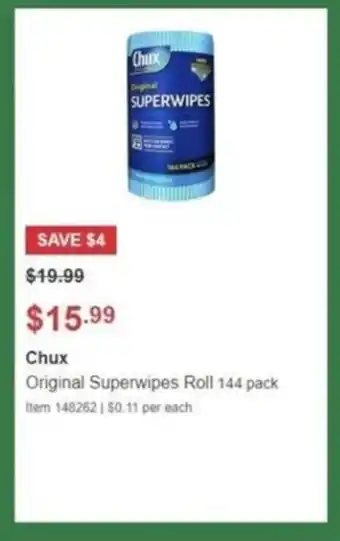 Costco Chux Original Superwipes Roll 144 pack offer