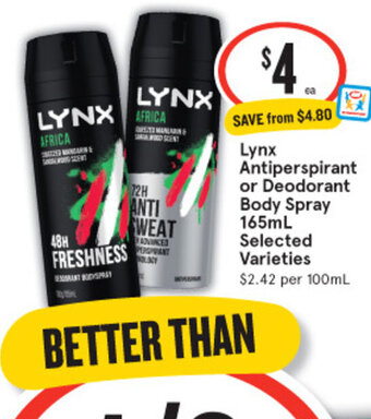 IGA Lynx Antiperspirant or Deodorant Body Spray 165mL offer