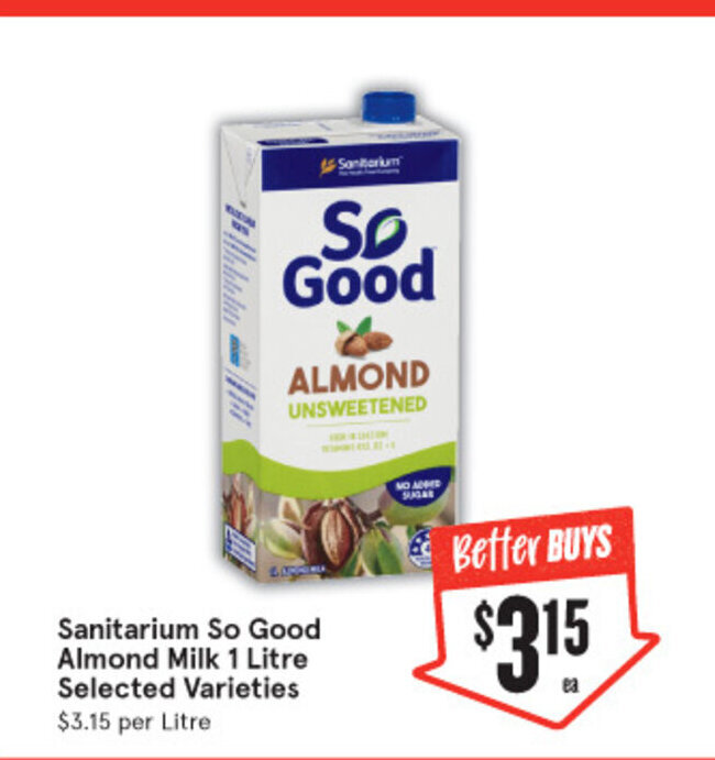 Sanitarium So Good Almond Milk 1 Litre Selected Varieties offer at IGA