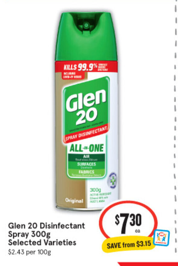 Glen 20 Disinfectant Spray 300g Selected Varieties offer at IGA