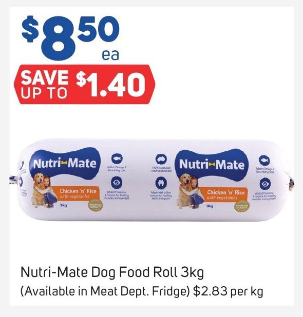 NutriMate Dog Food Roll 3kg offer at Foodland