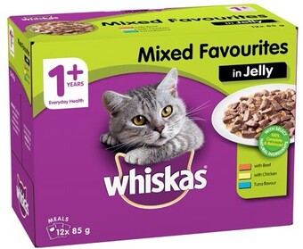 BIG W Whiskas favourites cat adult 1+ years mixed favourites in jelly 12x85g offer