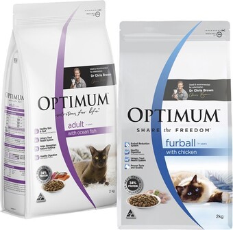 BIG W Optimum furball chicken or ocean fish dry cat food 2kg offer