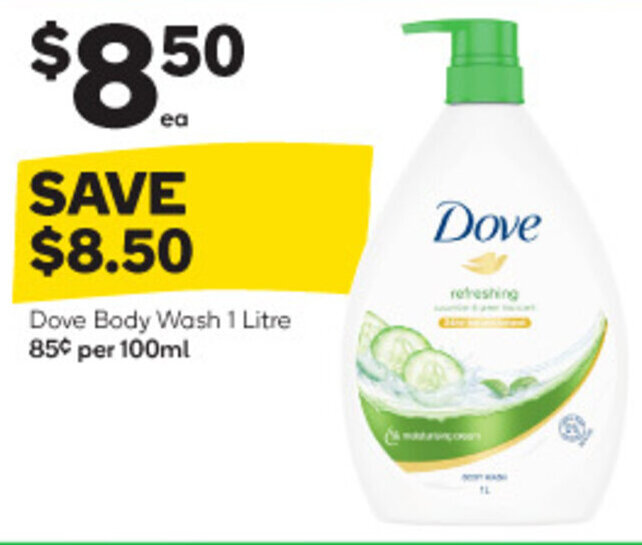 Dove Body Wash 1 Litre 85¢ per 100ml offer at Woolworths