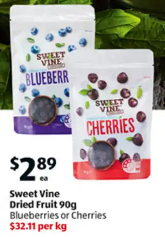 ALDI Sweet Vine Dried Fruit 90g Blueberries or Cherries offer