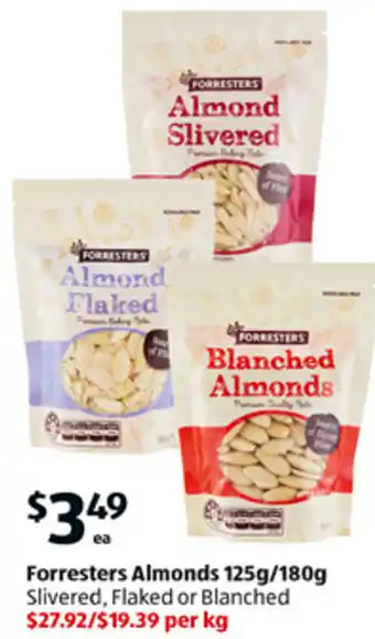 ALDI Forresters Almonds 125g/180g Slivered, Flaked or Blanched offer