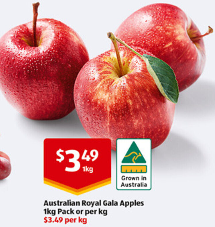 Australian Royal Gala Apples 1kg Pack or per kg offer at ALDI