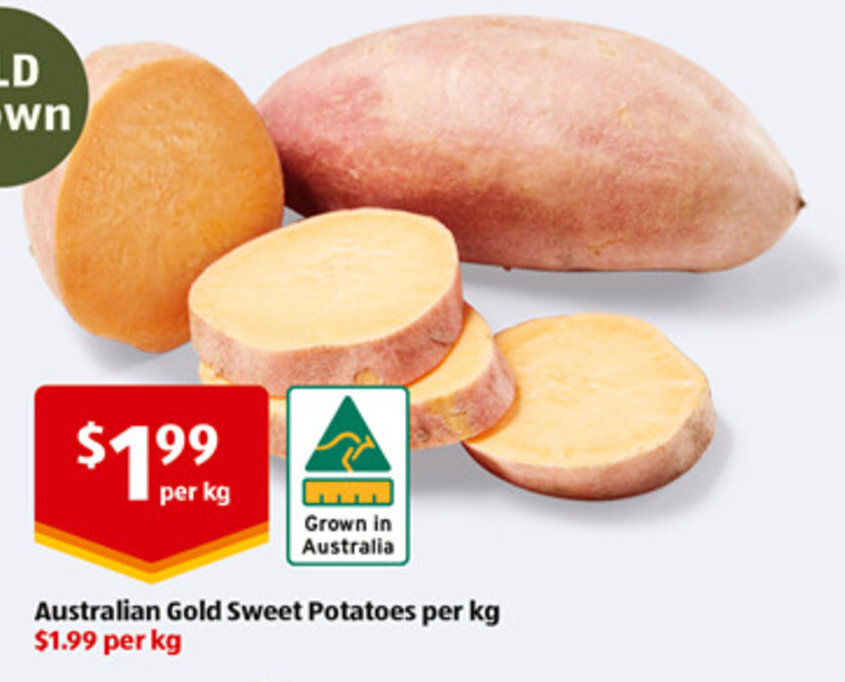 Australian Gold Sweet Potatoes per kg offer at ALDI