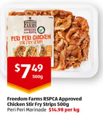 ALDI Freedom Farms RSPCA Approved Chicken Stir Fry Strips 500g Peri Peri Marinade offer