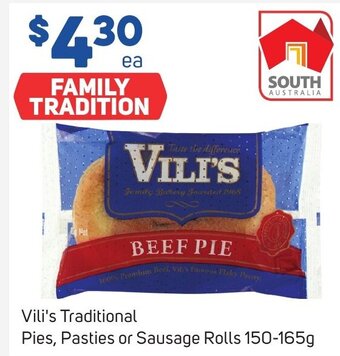 Foodland Vili's Traditional Pies, Pasties or Sausage Rolls 150-165g offer
