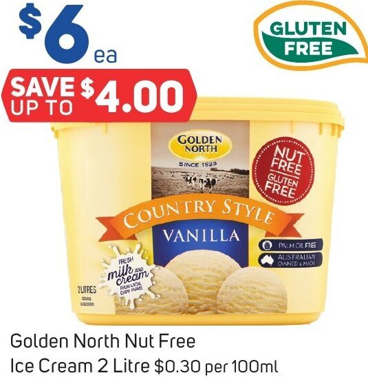 Golden North Nut Free Ice Cream 2 Litre offer at Foodland