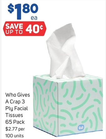Foodland Who Gives A Crap 3 Ply Facial Tissues 65 Pack offer