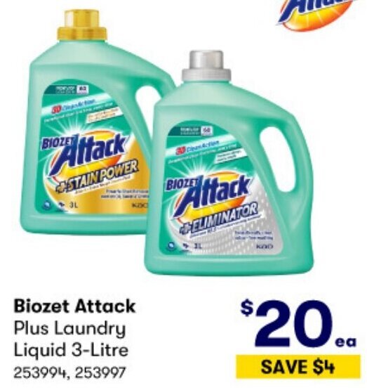 Biozet Attack Plus Laundry Liquid 3Litre offer at BIG W