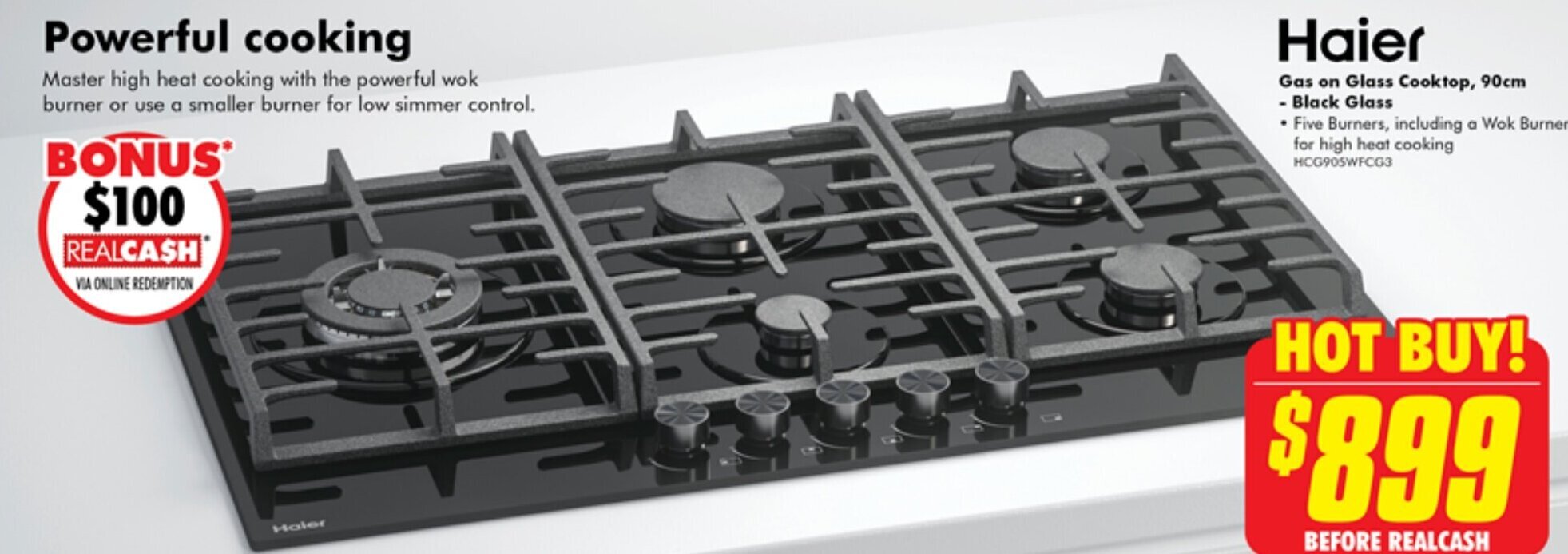Haier Gas on Glass Cooktop, 90cm Black Glass offer at The Good Guys
