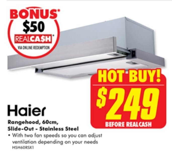 Haier Rangehood, 60cm, SlideOut Stainless Steel offer at The Good Guys