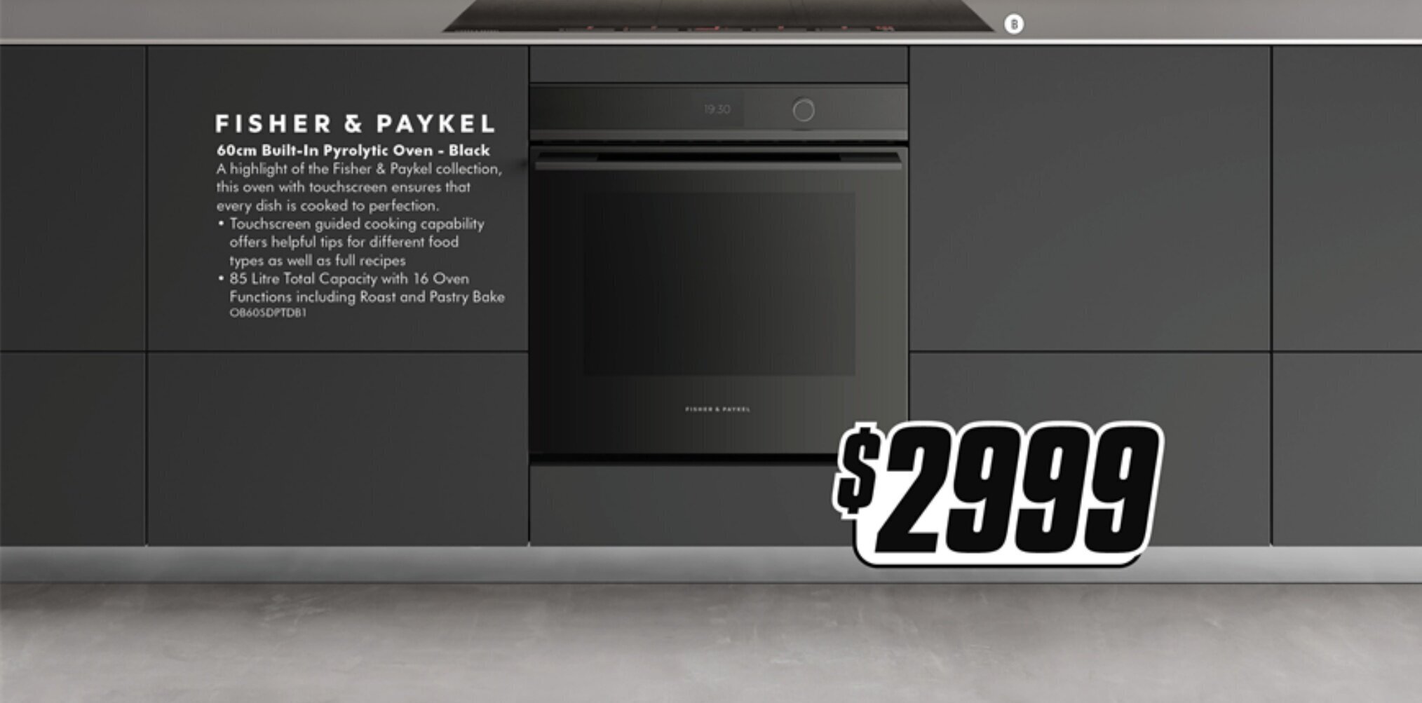 FISHER & PAYKEL 60cm BuiltIn Pyrolytic Oven Black offer at The Good Guys