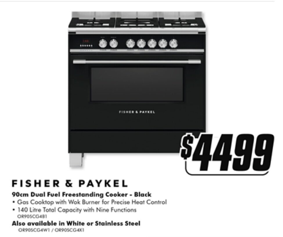 FISHER & PAYKEL 90cm Dual Fuel Freestanding Cooker Black offer at The