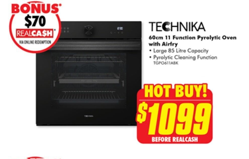 TECHNIKA 60cm 11 Function Pyrolytic Oven with Airfry offer at The Good Guys