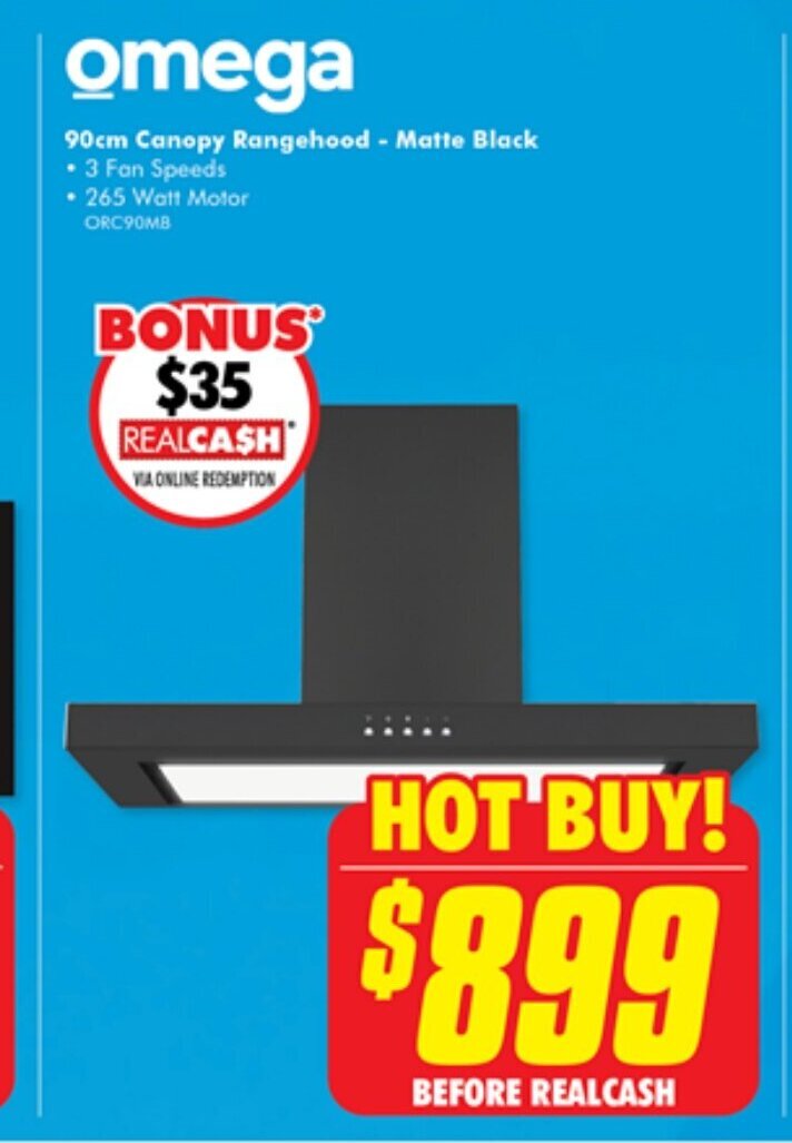 omega 90cm Canopy Rangehood Matte Black offer at The Good Guys