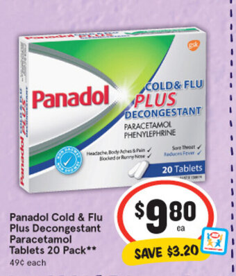 IGA Panadol Cold & Flu Plus Decongestant Paracetamol Tablets 20 Pack offer