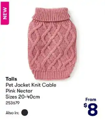 BIG W Tails Pet Jacket Knit Cable Pink Nectar Sizes 20-40cm 253679 offer