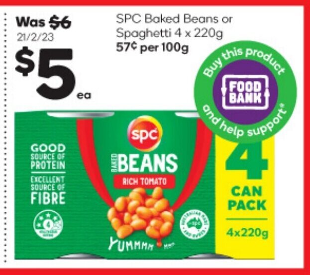 SPC Baked Beans or Spaghetti 4 x 220g 574 per 100g offer at Woolworths