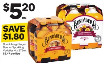 Woolworths Bundaberg Ginger Beer or Sparkling Varieties 4 x 375ml offer