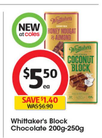 Coles Whittaker's Block Chocolate 200g-250g offer