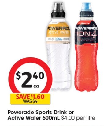 Coles Powerade Sports Drink or Active Water 600mL offer
