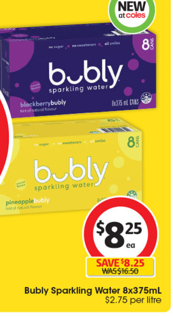 Bubly Sparkling Water 8x375mL offer at Coles
