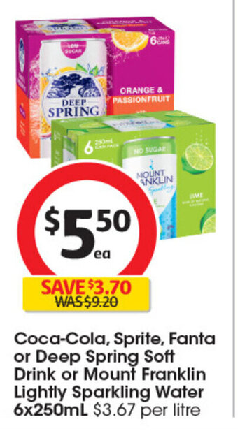 Coles Coca-Cola, Sprite, Fanta or Deep Spring Soft Drink or Mount Franklin Lightly Sparkling Water 6x250mL offer