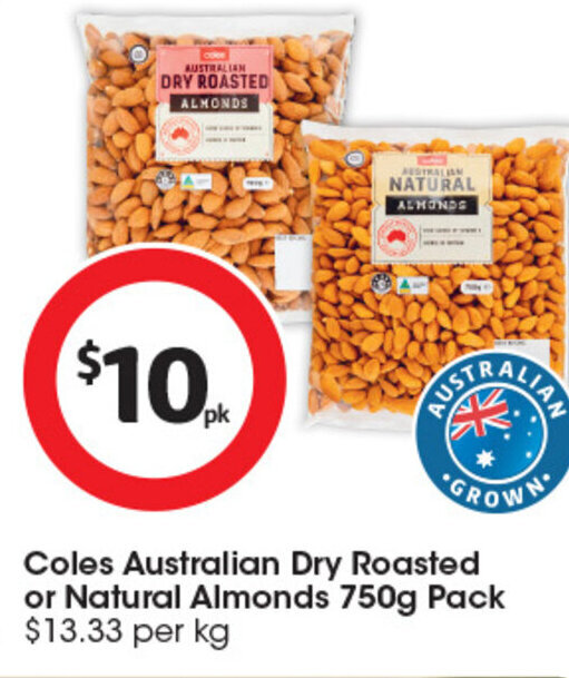 Coles Australian Dry Roasted or Natural Almonds 750g Pack offer at Coles