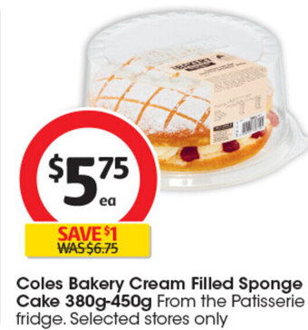 Coles Coles Bakery Cream Filled Sponge Cake 380g-450g offer