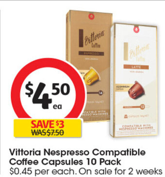 Coles Vittoria Nespresso Compatible Coffee Capsules 10 Pack offer