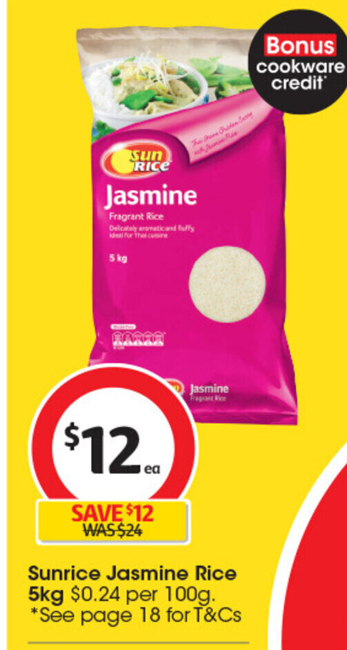 Sunrice Jasmine Rice 5kg 0.24 per 100g. offer at Coles